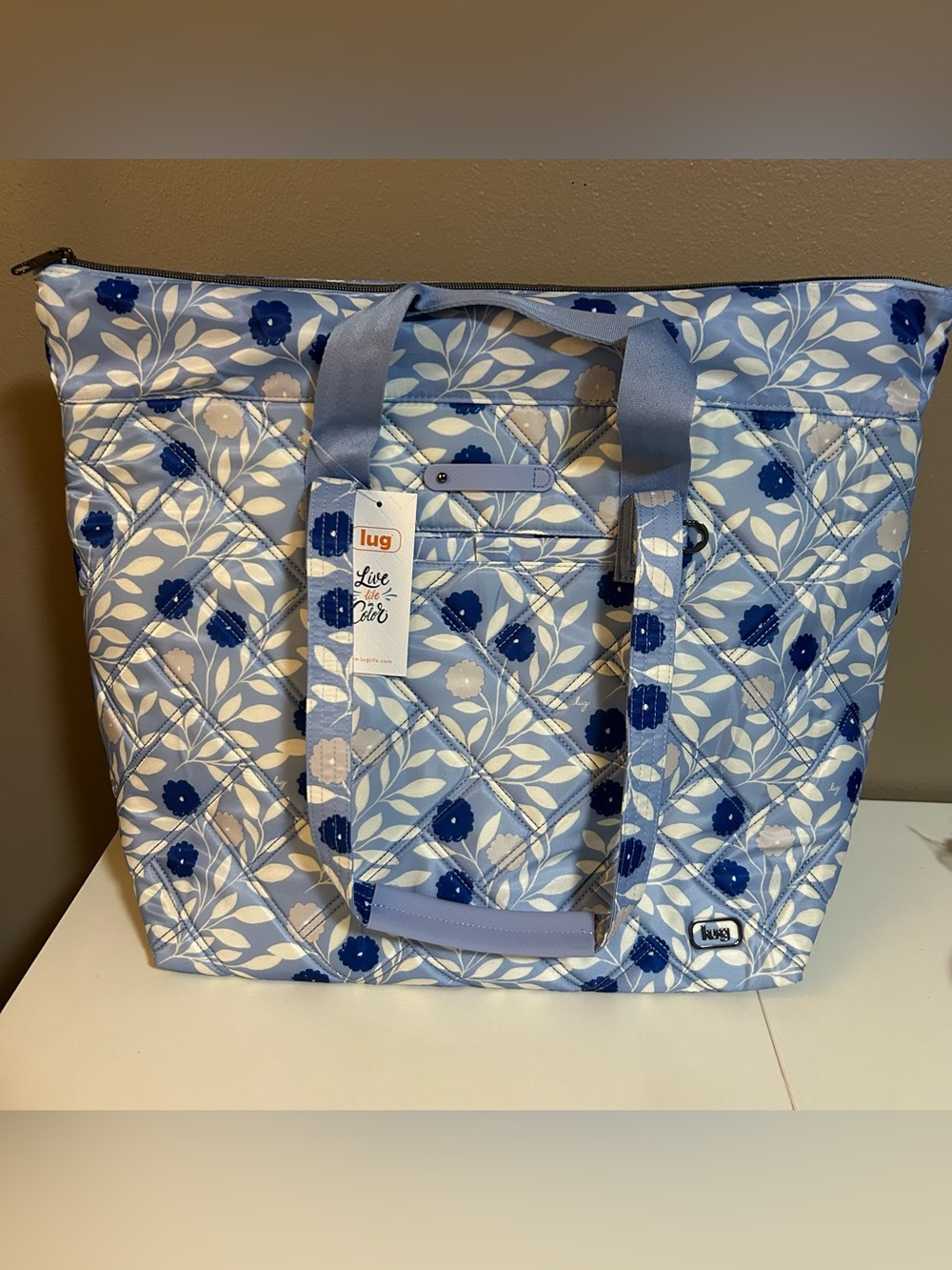 Lug Ferry Se XL Expandable Tote Bag Travel NWT Floral Print Blue White